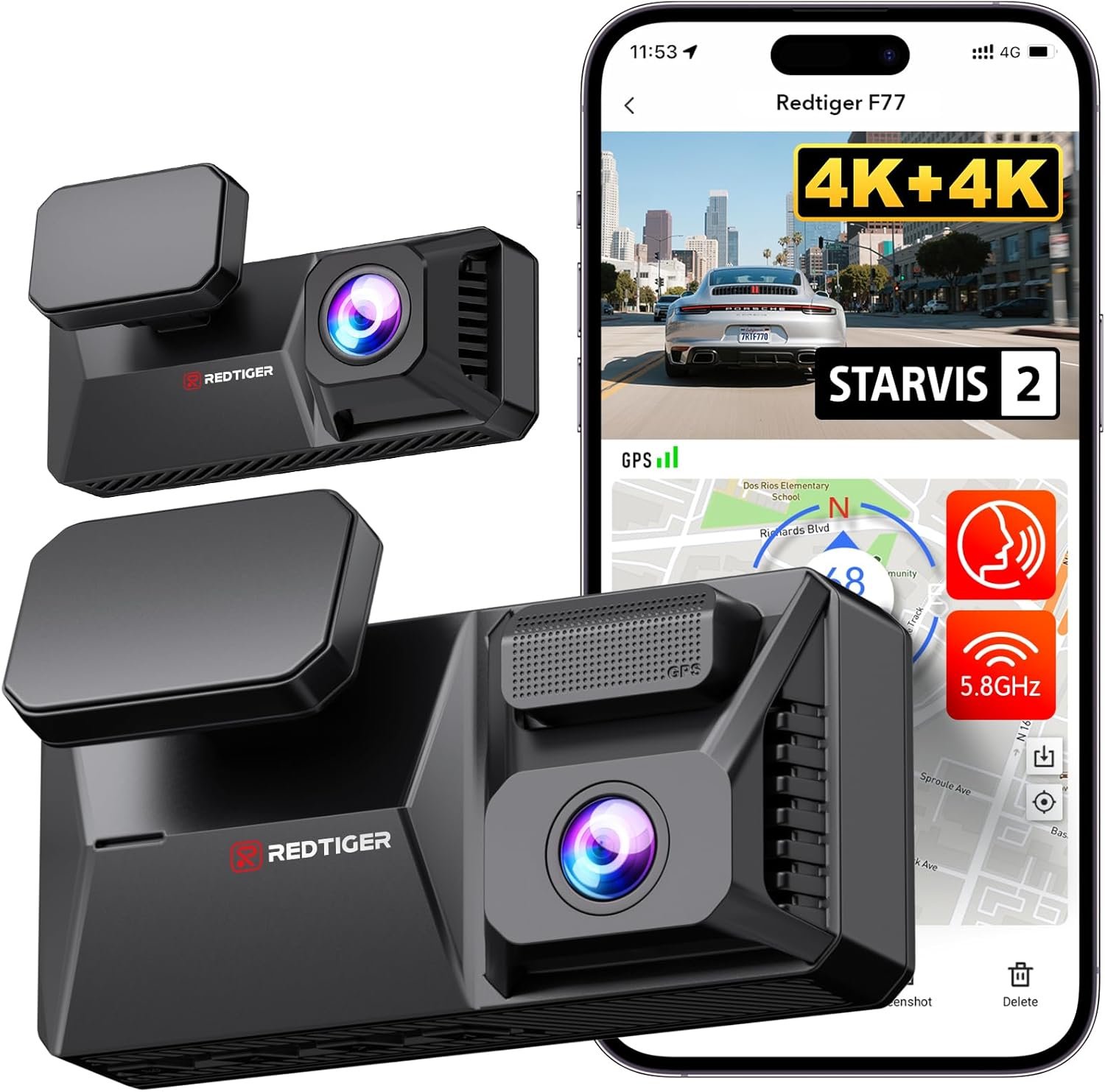 REDTIGER F77 4K+4K Dash Cam Front and Rear